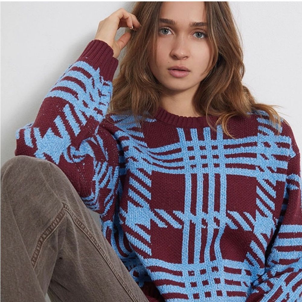 Pacsun La Hearts Plaid Patterned Sweater - Blue and Burgundy Size Small